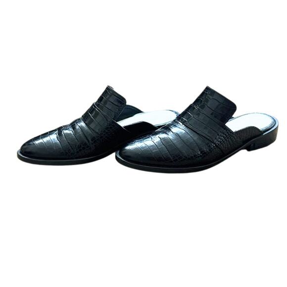Freda Salvador “Keen” Black Croc-Print Leather Mule Flats - Picture 3 of 9